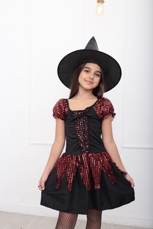 Imagem de Fantasia Halloween Infantil Bruxinha Completa C/ Chapeu Meia E Caldeirao Vestido de Bruxa Feiticeira Malvada Carnaval