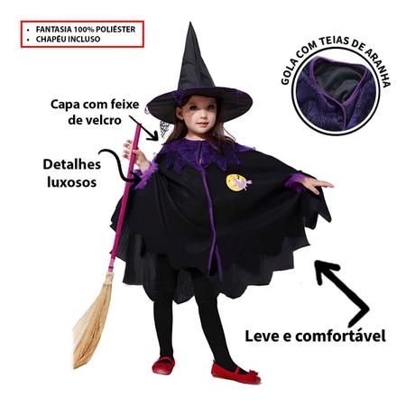 Fantasia Halloween Kit Bruxa com chapéu e Vassoura