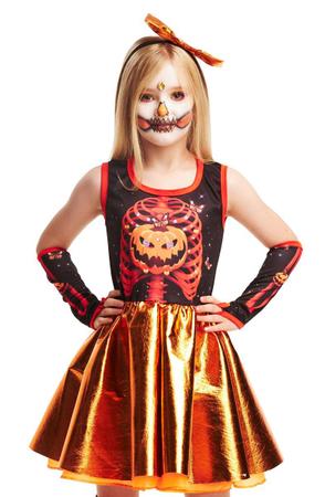 Imagem de Fantasia Halloween Menina Esqueleta Abóbora Vestido c/ Luvas