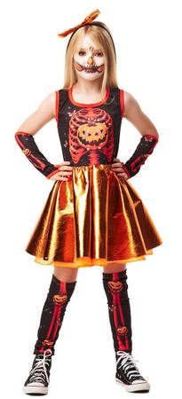 Imagem de Fantasia Halloween Menina Esqueleta Abóbora Vestido c/ Luvas