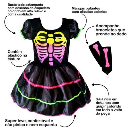 Fantasia Halloween Infantil Caveirinha c/ Máscara Vestido