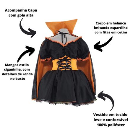 Fantasia Infantil Vampira Luxo Vestido Longo Halloween