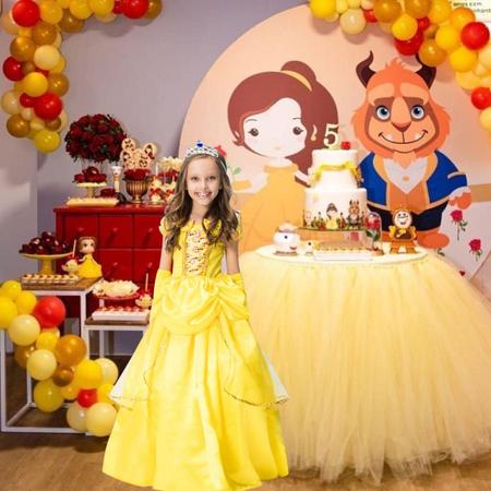 Fantasia Infantil A Bela e a Fera Vestido Princesa Com Tiara e