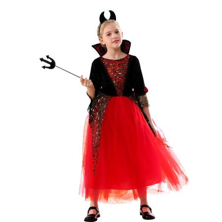 Imagem de Fantasia Infantil Halloween Bruxinha Diabinha Vestido Luxo