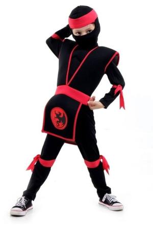 Imagem de Fantasia Infantil Ninja Preto Vermelho Samurai Luxo + Capuz