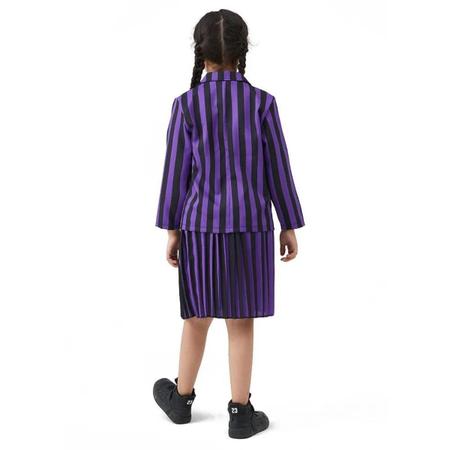 Imagem de Fantasia Infantil Wandinha Menina Criança Juvenil Saia Rodada Plissada Conjunto Família Addams Camisa Festa Dia das Crianças Halloween