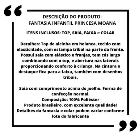 Fantasia Infantil Moana Princesa Havaiana Luxo Com Colar