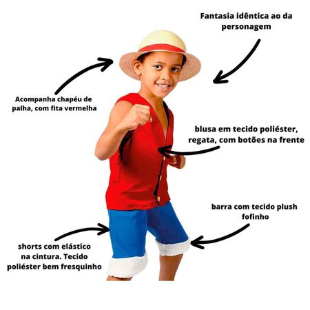 Fantasia Infantil One Piece Luffy Chapéu Colete Short - Fantasia Kids