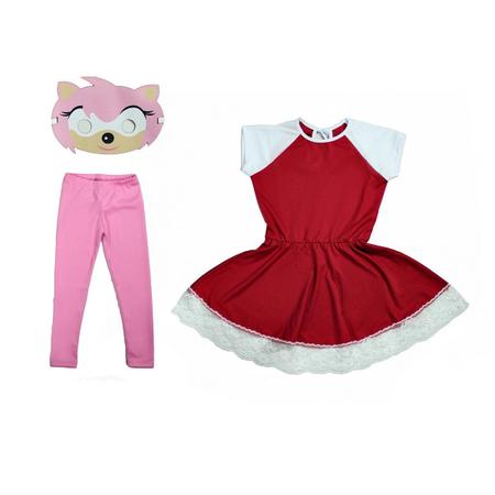 Fantasia Sonic Rosa Infantil Vestido Amy Rose Com Máscara