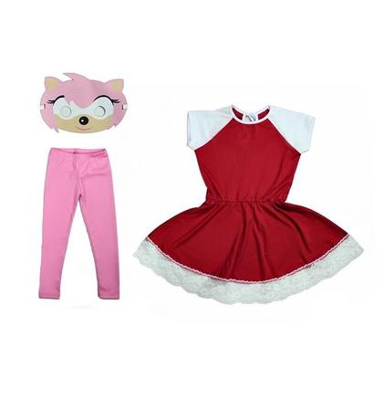 Fantasia Sonic Rosa Infantil Vestido Amy Rose Com Máscara P 2-4