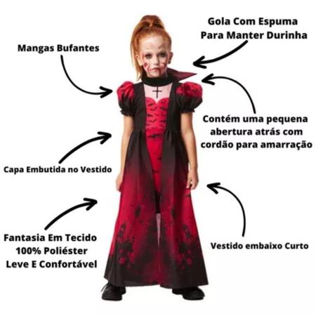 Fantasia Infantil Vampira Luxo Vestido Longo Halloween