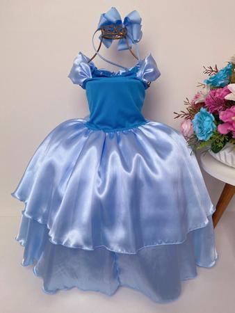 Vestido Infantil Princesa Cinderela / Frozen com Aplique de Flores