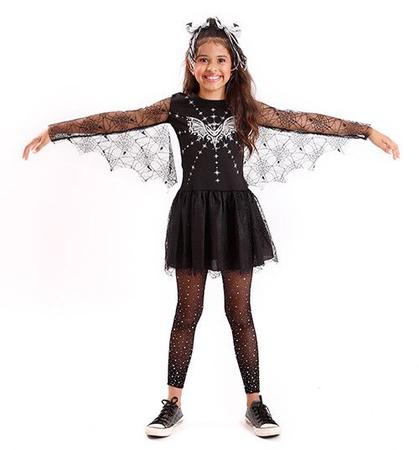 Imagem de Fantasia Vestido Morcega Infantil Asa Vampira Feiticeira Halloween Dia das Bruxas Noites do Terror Festa Zumbi