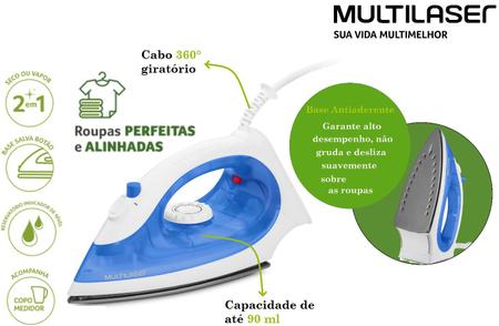 Imagem de Ferro de Passar Multilaser Base Antiaderente a Seco e a Vapor 127V