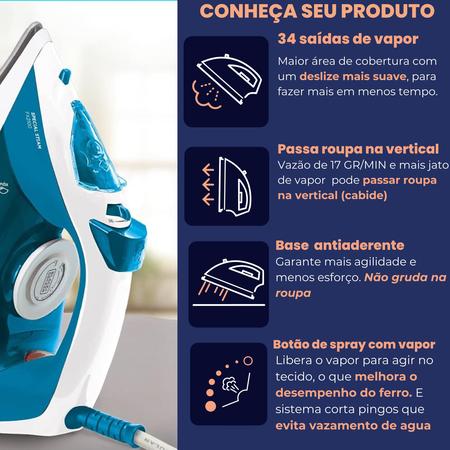 Imagem de Ferro de Passar Roupa a Vapor Com Base Antiaderente Cerâmica