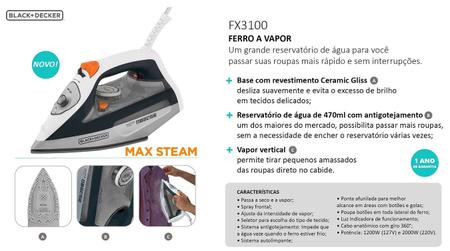 Imagem de Ferro De Passar Roupa Black Decker A Vapor 2000w FX3100 com ANTI GOTEJAMENTO autolimpante CINZA E LARANJA