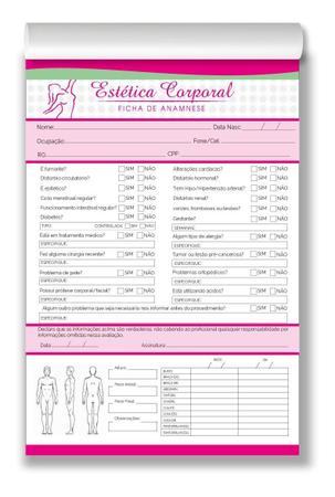 Ficha Anamnese OZONIOTERAPIA e Controle de procedimento A4 - Colorido -  Papel Offset 90gr - Blocos com 50fls cada