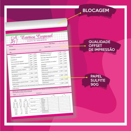 Ficha Anamnese OZONIOTERAPIA e Controle de procedimento A4 - Colorido -  Papel Offset 90gr - Blocos com 50fls cada