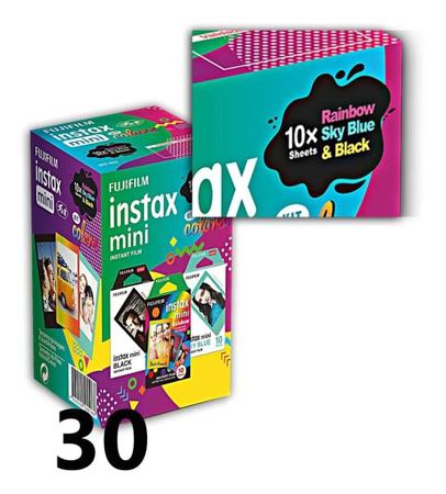 Imagem de Filme Instax Mini Kit CORES 30 poses - 10 Bordas Pretas + 10 Bordas Azul Claro + 10 Bordas Coloridas