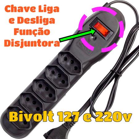 Imagem de Filtro Linha com 5 Tomadas e Chave Disjuntora para Proteção Reset Liga Desliga Bivolt 127v e 220v