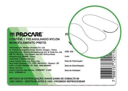 Imagem de Fio Agulhado Nylon Procare Monofilamento Preto 3/0 45cm 30mm 3/8