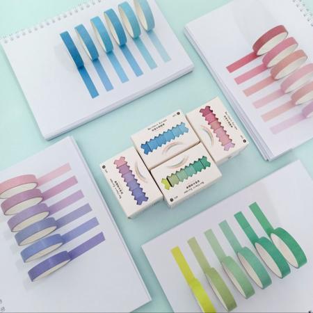 Imagem de Fita adesiva colorida washi tape tom pastel degradê 10 mm x 2 m com 6 Fitas papelaria fofa