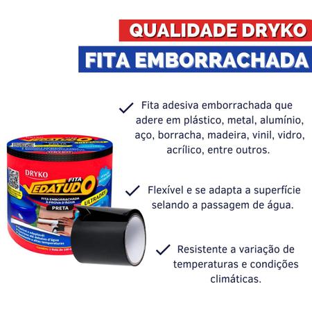 Imagem de Fita Adesiva Emborrachada Prova D'água Dryko 1,5m Vedatudo Flexível Multiuso Impermeável 10 cm x 1,5 metros Preta Branca