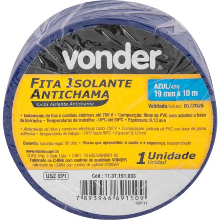 Imagem de Fita Isolante, 19 mm x 10 m, Azul - VONDER