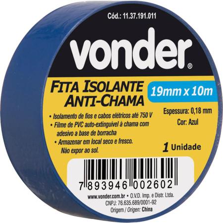 Imagem de Fita isolante pvc 19mmx10m azul anti chama peça Vonder