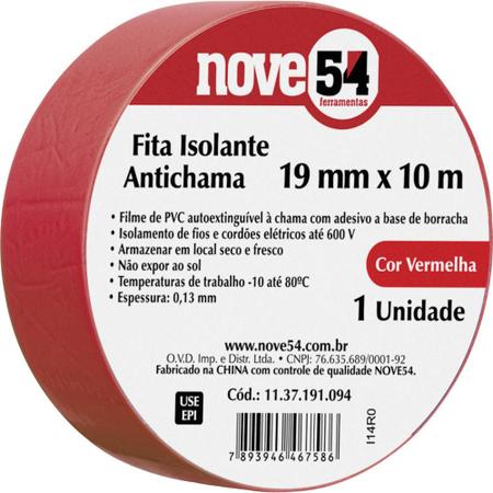 Imagem de Fita isolante pvc 19mmx10m vermelha anti chama Nove54