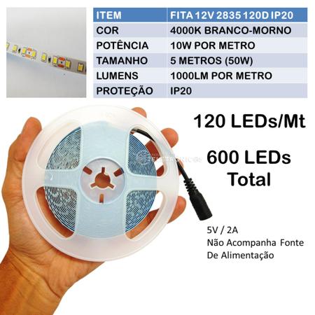 Imagem de Fita LED 2835 Para Perfil Luz Branco Morno 4000k 5mts 120 LEDs/m Para Perfil 50W LLTT283512040