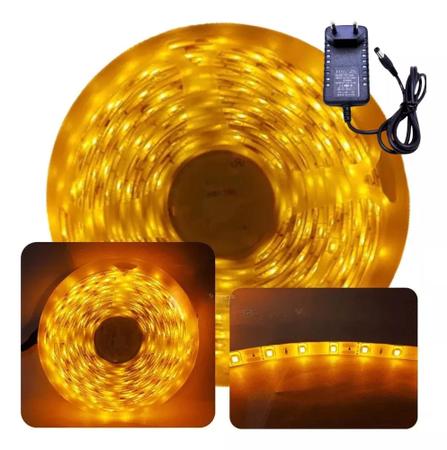 Imagem de Fita LED 3528 + Fonte 12V Amarelo Rolo 5 Metros e 300 LEDs Siliconada E Adesivo 480 Lumens  TB5020