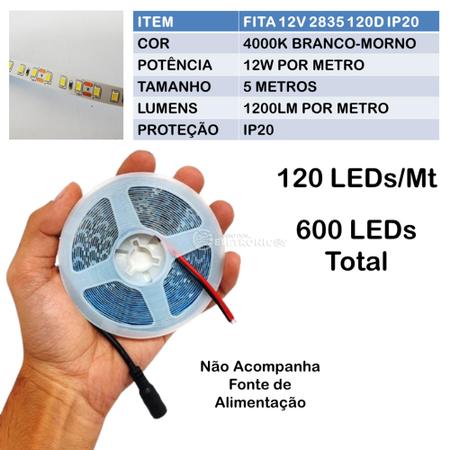 Imagem de Fita LED 3528 Para Perfil Luz 4000k Branco Morno 5mts 120LEDs/m Para Perfil 60W FT3528