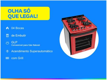 Imagem de Fogão 4 Bocas de Embutir Dako Vermelho com Grill