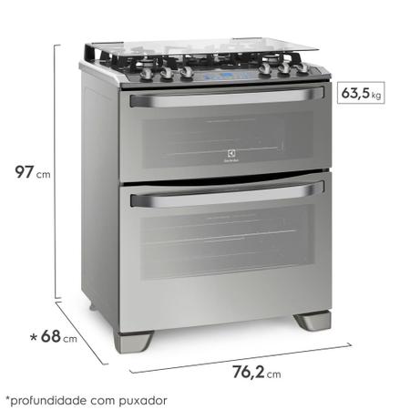 Imagem de Fogão 5 Bocas Electrolux Prata com Mesa de Vidro e Forno Duplo (76DXW)