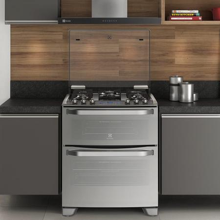 Imagem de Fogão 5 Bocas Electrolux Prata com Mesa de Vidro e Forno Duplo (76DXW)