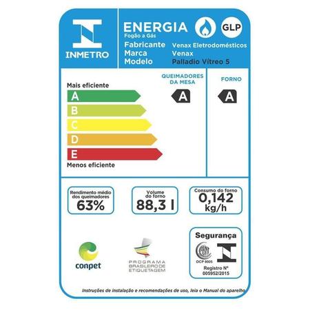 Imagem de Fogao 5 Bocas Venax Palladio Vitreo Inox Gas Glp