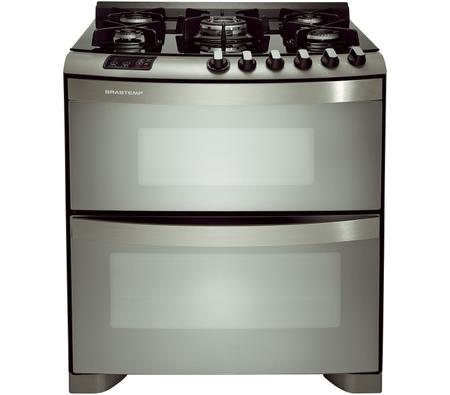 Imagem de Fogão Brastemp 5 bocas duplo forno cor Inox com mesa de vidro e quadrichama