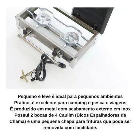 Imagem de Fogão Fogareiro Inox 2 Bocas Alta Pressão C/ Meia Chapa Ranchos Caminhão Pescaria Com Kit Gás Incluso