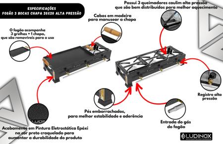 Imagem de Fogão Industrial 3 Bocas 20x20 Alta Pressão Mesa Com Chapa + kit gás 