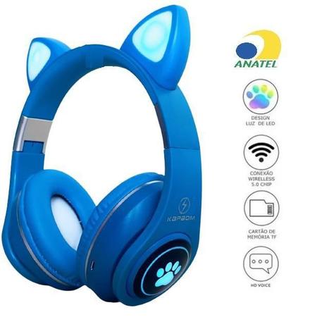 Fone De Ouvido Orelha Gato Led 7 Cor Bluetooth Headset Azul