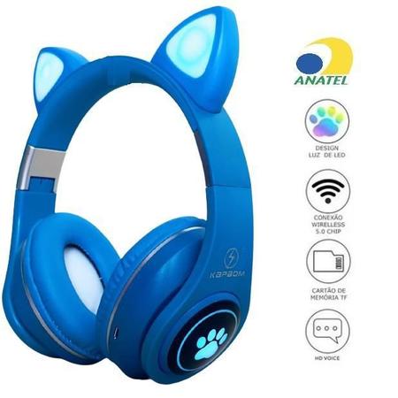 Fone Orelha de Gato Headphone Bluetooth Sem fio Led Tiara Azul Cód