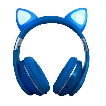 Fone De Ouvido Orelha Gato Led 7 Cor Bluetooth Headset Azul