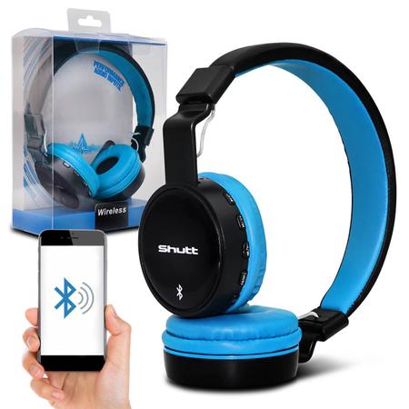 Imagem de Fone de Ouvido Bluetooth Shutt Basic Sem Fio Entrada P2 SD Rádio FM MP3 Azul Claro Com Preto