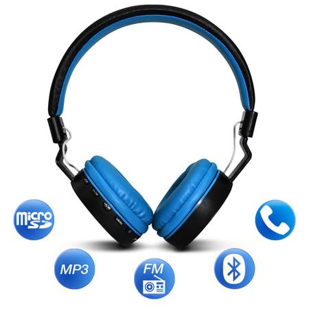 Imagem de Fone de Ouvido Bluetooth Shutt Basic Sem Fio Entrada P2 SD Rádio FM MP3 Azul Claro Com Preto