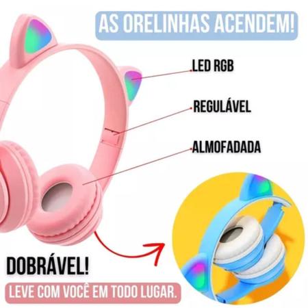 Imagem de Fone de Ouvido Gatinho Bluetooth Rosa LED para Meninas Infantil