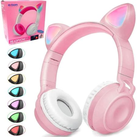 Fone Orelhas De Gatinho Led - Headphone Bluetooth Bass Exbom Rosa