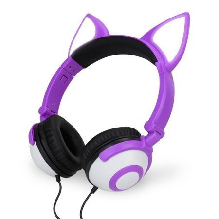 Fone de ouvido roxo com olhelha de gato