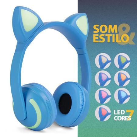 Fone de Ouvido Gatinho Fox Sem Fio Com Led Orelha Gato Dobrável Infantil  Microfone H'Maston - Azul