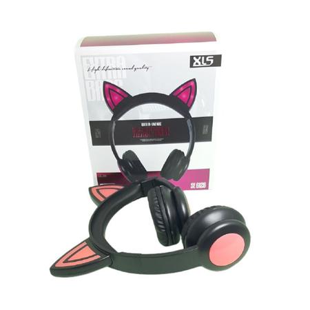 FONE DE OUVIDO ORELHA GATO LED C/FIO SE-6126 - PRETO ROSA - VCB Shop